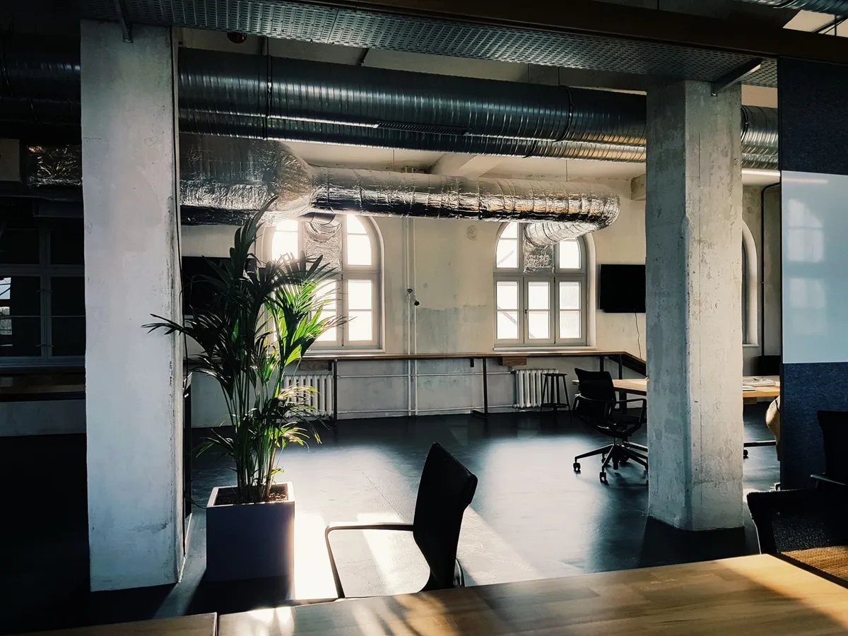 Bright office space with plants and good ventilation features.