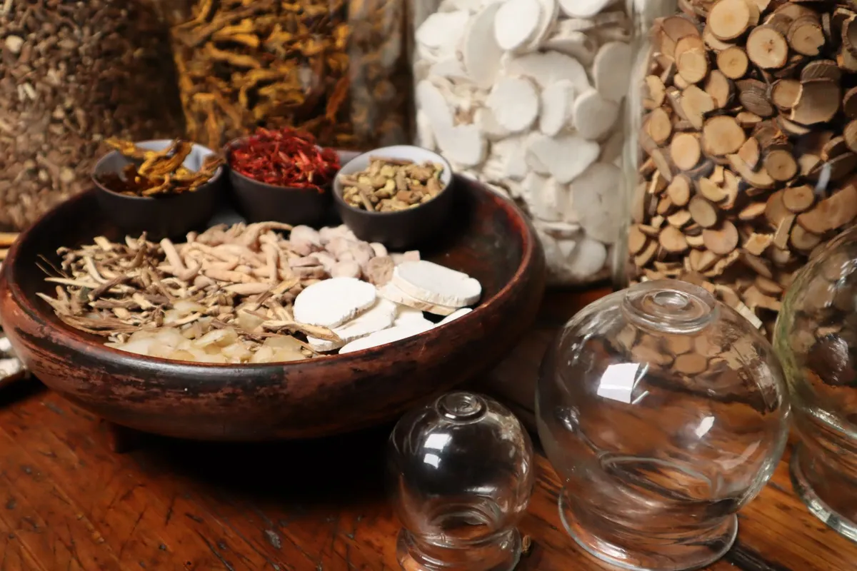 Various herbal ingredients in bowls, showcasing traditional medicine practices.