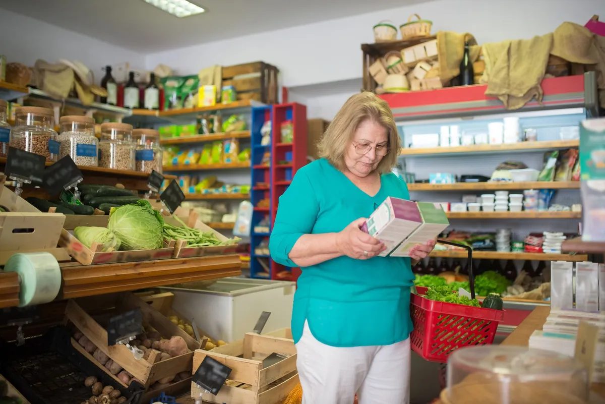 Woman examining a food package in a grocery store with fresh produce around her.