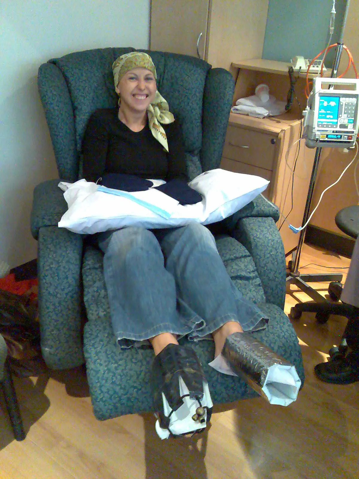 Patient receiving chemotherapy treatment in a clinical setting.