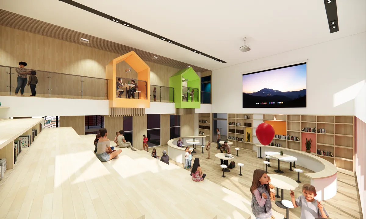 Interior of a community center with children and families engaging in activities.