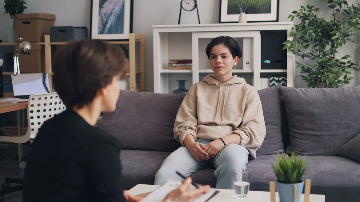 A therapist talking with a young person in a cozy office setting.
