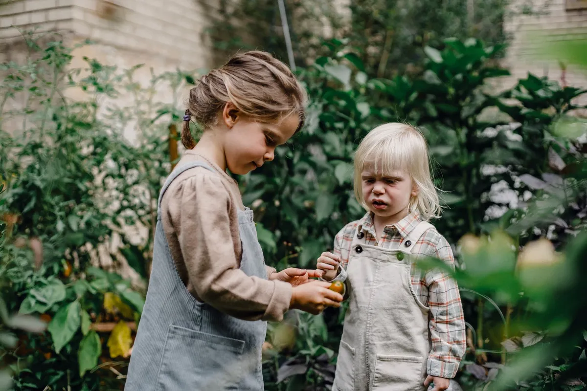 Two children in a garden picking vegetables, surrounded by plants.