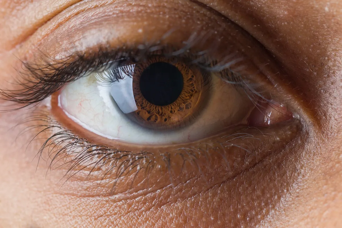 Close-up of a brown human eye showing detailed iris and pupil structure.