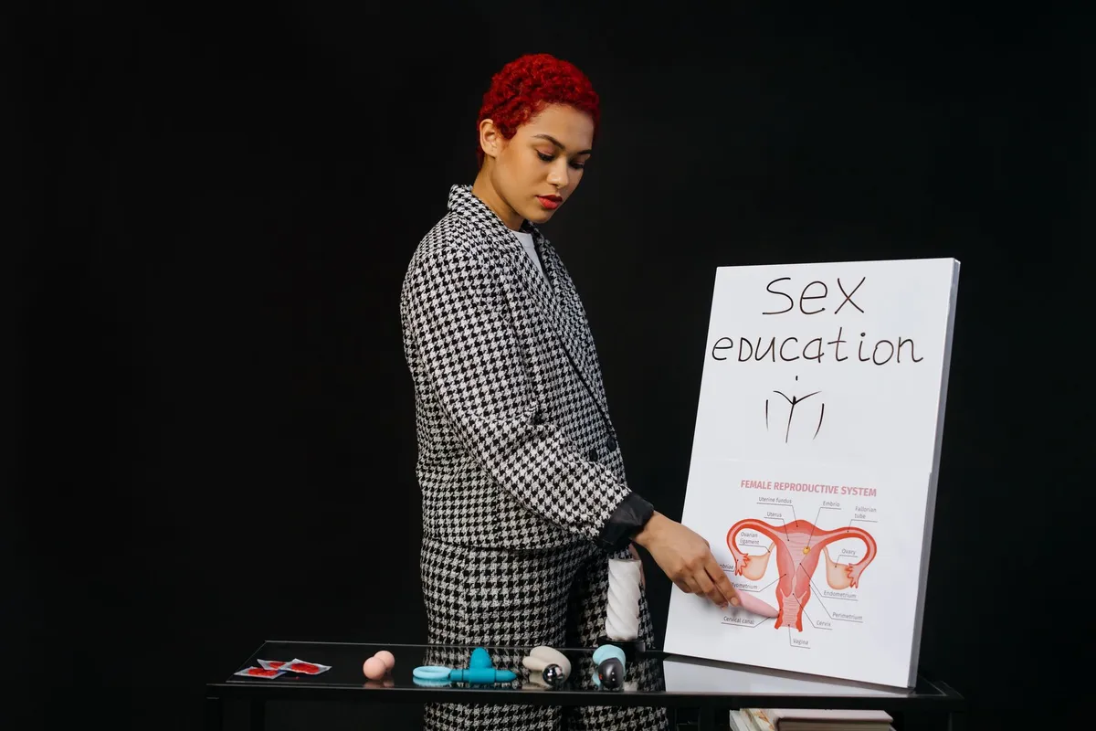 Person pointing at a chart of the female reproductive system for sex education.