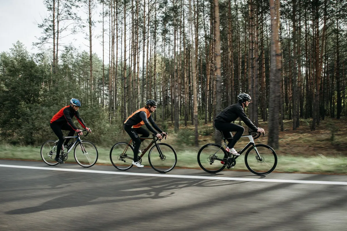 Three cyclists riding on a road through a forested area.