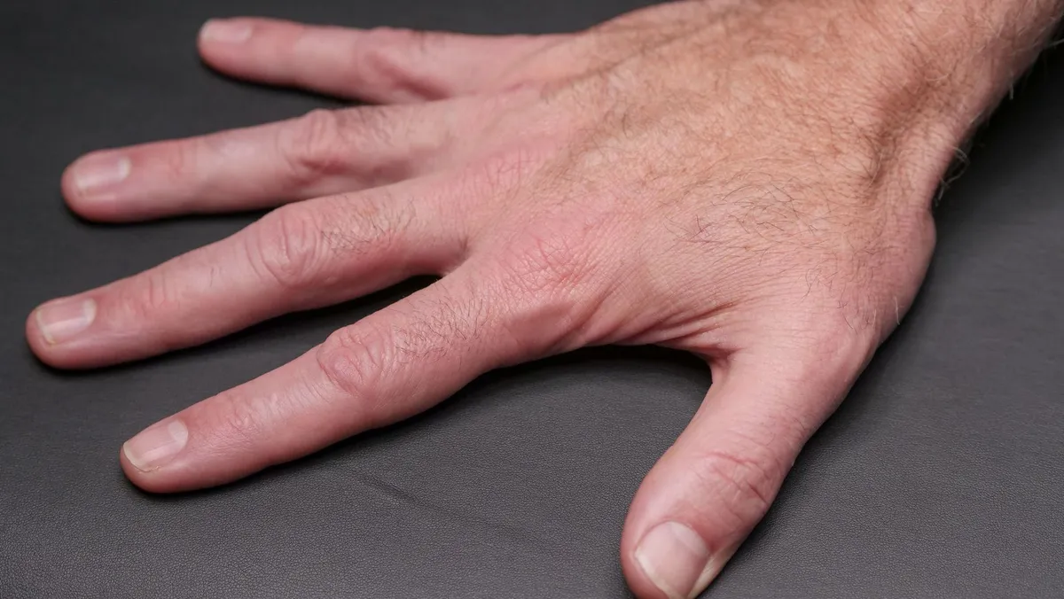 Close-up of a human hand showing skin and fingers, relevant to ganglion cysts.